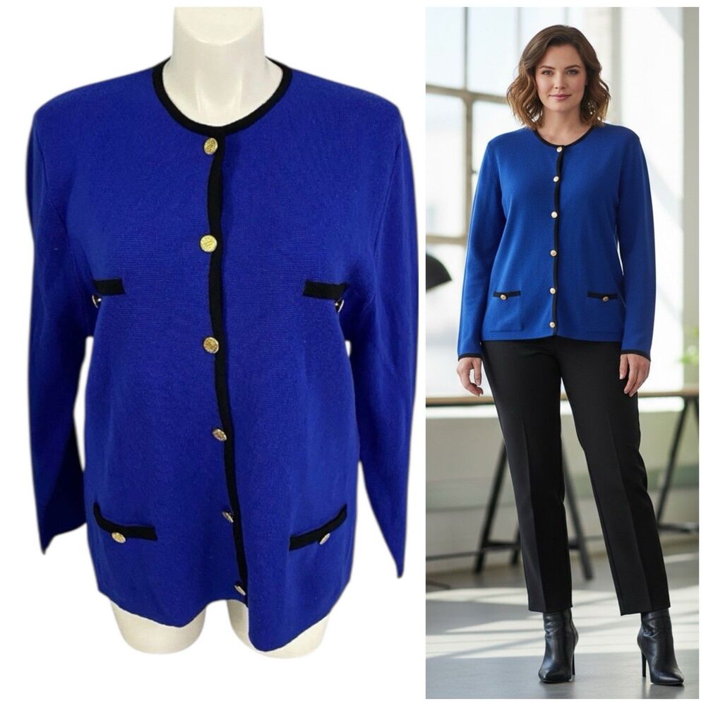 Nicole Summers Cardigan Womens 1x Blue Sweater Blazer Old Money Preppy Office